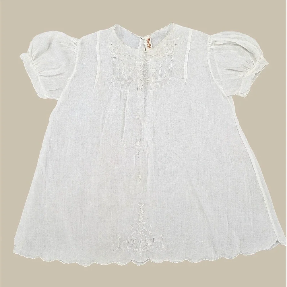Vintage Hand Made White Cotton Baby Dress 6 Months Embroidered Puff‎ Sleeve